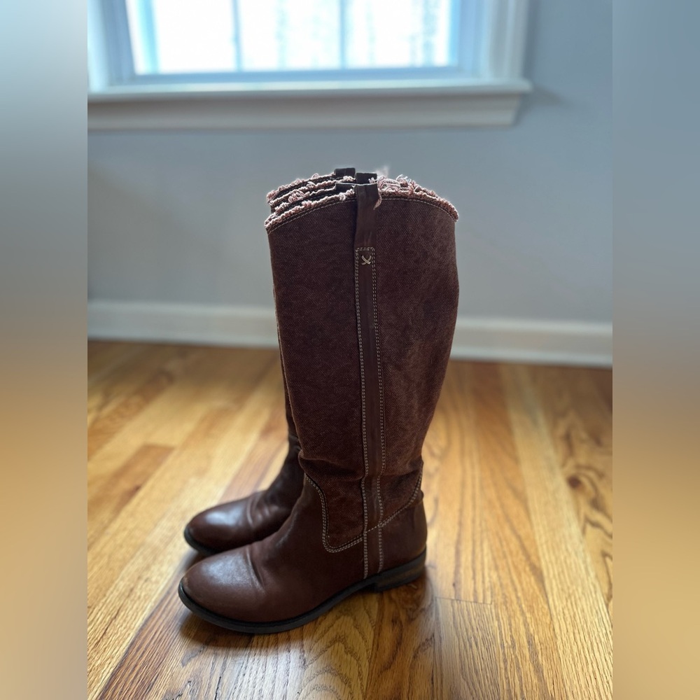 Sundance Catalog Brown Canvas & Leather Tall Riding Boots Women's EU 38